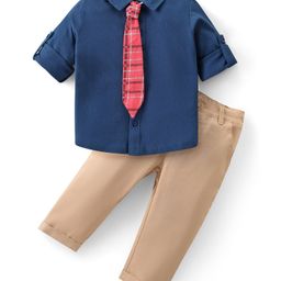 Babyhug Cotton Knit Full Sleeves Solid Colored Shirt With Tie & Trousers Set - Navy & Beige-picture-12