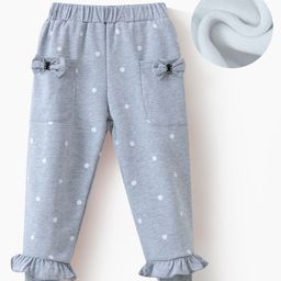Kookie Kids Cotton Knit Full Length Lounge Pants With Polka Dots Print & Bow Applique - Light Grey-image-55