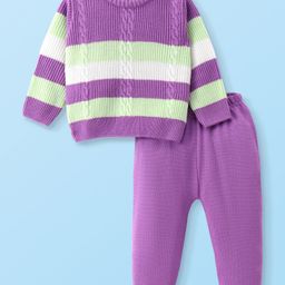 Doodle Poodle Knitted Full Sleeves Striped Sweater Set with Cable Knit Design - Lavender & Lime Green-image-99