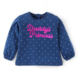 Babyhug Cotton Knit Full Peasant Sleeves Polka Dots & Text Printed Top - Navy Blue-image-100