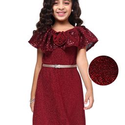 Hola Bonita Knit Flutter Sleeves A Line Shimmered Party Frock with Sequined Floral Corsage - Red-image-44