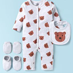 Doodle PoodleInterlock Knit Full Sleeves Romper With Bibs Mittens And Booties with Teddy Print - White-image-22