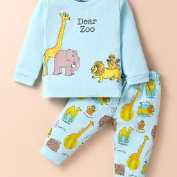 Mini Taurus Sinker Knit Full Sleeves T-Shirt with Lounge Pant Animal Print - Light Blue-image-43
