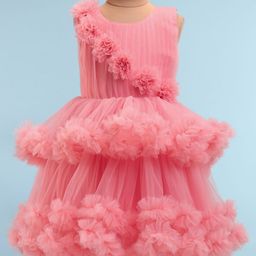 Bluebell Net Woven Sleeveless Party Frock With Floral Corsage - Pink-image-49