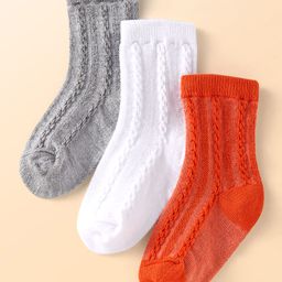 Cute Walk by Babyhug Knit Ankle Length Solid Colour Socks With Cable Knit Design Pack of 3 - White Grey & Orange-image-90