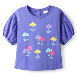 Babyhug Cotton Knit Half Puffed Sleeves Top With Floral Print - Blue-image-88