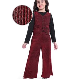 Hola BonitaKnit Full Sleeves Top & Trouser With Waistcoat & Glitter Print - Wine-picture-20