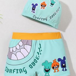 Babyhug Swimming Trunk with Cap Cartoon Print - Green-image-51