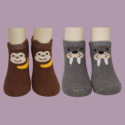 Yellow Bee Cotton Pack Of 2 Walrus & Monkey Designed Socks Set - Grey & Brown-69