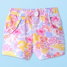 Babyhug Cotton Knit Mid Thigh Shorts with Bow Applique & Floral Print - Pink & Purple-picture-20