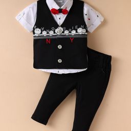 Dapper Dudes Half Sleeves Palm Trees Printed Shirt With Waistcoat Pant & Bow Set - Black-image-48