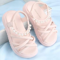 Babyoye Backstrap Closure Solid Coloured Pearl Embellished Sandals - Pink-image-82