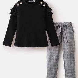 Mark & Mia Full Sleeves T-Shirt & Checkered Trouser Set with Belt - Black-picture-26
