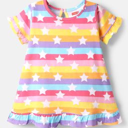 Babyhug Cotton Knit Half Sleeves Striped Nighty With Star Print - Multicolor-image-70