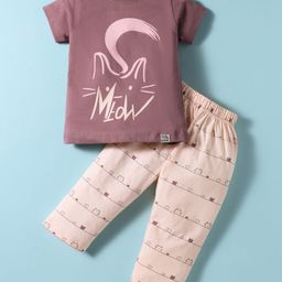 Teddy Sinker Knit Half Sleeves Night Suit With Cat Print - Mauve-image-54