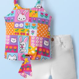 Babyhug Single Jersey Knit Singlet Top & Shorts Set with Bunny Print - White Purple & Pink-image-15