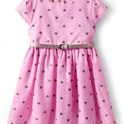 Babyhug 100% Cotton Half Sleeves Frock With Belt & Hearts Print - Pink-image-25