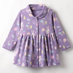 CUCUMBER Sinker Knit Full Sleeves Front Open Frock With Bunny Print - Purple-image-36