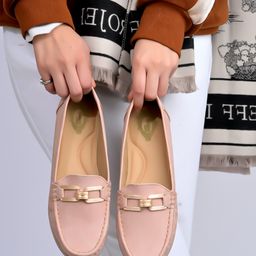 Shoetopia Metal Applique Detailed Colour Blocked Slip On Loafers - Peach-image-91