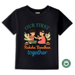 BLUSHES 100% Cotton Knit Raksha Bandhan Theme Half Sleeves Our First Raksha Bandhan Text Printed Tee - Black-picture-27