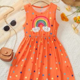 Bolly Lounge Cotton Blend Knit Sleeveless Polka Dots & Rainbow Printed Dress - Orange-image-44