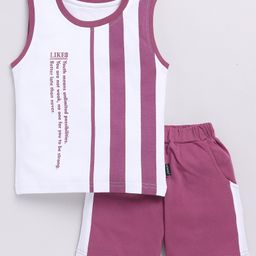 CUTOPIES Cotton Knit Sleeveless Placement Striped & Typography Printed Tee With Side Taped Shorts Set - Magenta-image-23