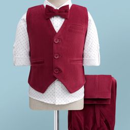 Robo Fry Cotton Woven Full Sleeves 3 Piece Party Suit With Polka Dot Print & Bow - Red-picture-32