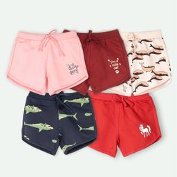 Ariel Cotton Knit Pack Of 5 Whales & Typography Printed Shorts - Pink Maroon Peach Red & Navy Blue-image-79