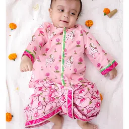 BownBee Pure Cotton Woven Full Sleeves Lotus & Cow Printed Gota Lace Embellised Kurta Dhoti Set - Pink-picture-25