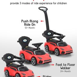 Babyhug 3 in 1 Manual Push Ride on Car with Parent Push Handle - Red image 2