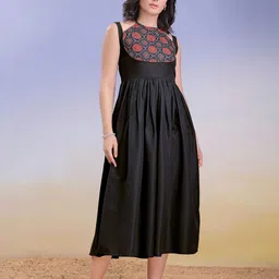 PURVAJA Women Ethnic Motifs Printed Halter Neck Smocked Cotton Fit & Flare Midi Dress-picture-21