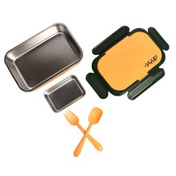 YOUP Stainless Steel Insulated Green Color Lunch Box With Fork Spoon and Small Container - Yellow image 4