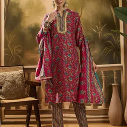 Sangria Floral Foil Printed Mandarin Collar Pure Cotton Kurta With Trousers & Dupatta-picture-13