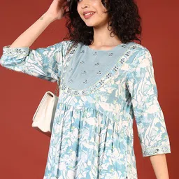 V-Mart Floral Yoke Design Round Neck Mirror Work Tiered Anarkali Kurta-picture-7
