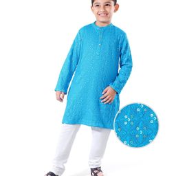 EARTHY TOUCH Woven Full Sleeves Sequins Embroidered Kurta Pyjama Set with Sequence Detailing - Blue-image-4