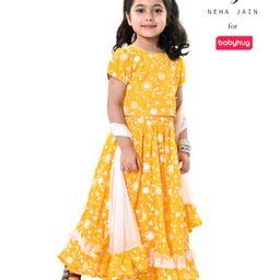 Babyhug Pufffed Sleeves Georgette Choli Lehenga & Frilled Dupatta Set Floral Embroidered -Yellow-image-37