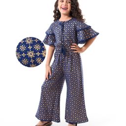 EARTHY TOUCH 100% Cotton Knit   Half Sleeves Indo Western Top & Palazzo Set With Foil Print-  Blue-image-57