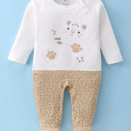 ToffyHouse Cotton Knit Full Sleeves Footed Romper with Kitty Embroidery - Tan-16