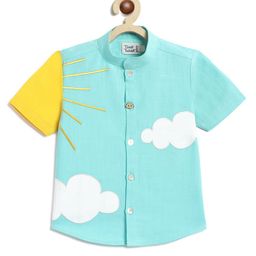 Tiber Taber Half Sleeves Sun & Clouds Embroidered Shirt - Blue-image-76
