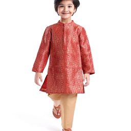 Babyhug Woven Full Sleeves Foil Printed Kurta Pyjama Set - Orange-image-88
