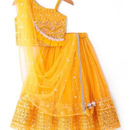 Babyhug Woven One Shoulder Sleeves Sequined Embroidered Choli Lehenga Set with Dupatta - Yellow-image-90