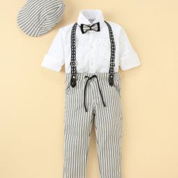 Dapper Dudes Full Sleeves Abstract Printed Shirt With Striped Pant Suspender Bow & Cap Set - Grey-picture-11