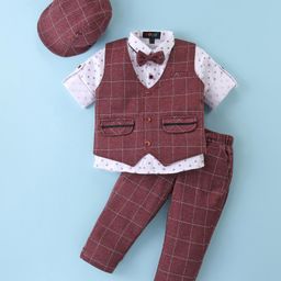Robo Fry Lyra Knit Full Sleeves Checkered3 Piece Party Suit with Hat & Bow- Maroon & White-image-84