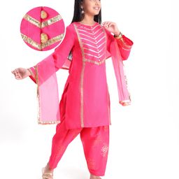 Pine Kids Woven Full Sleeves Kurti Patiala & Dupatta Set with Foil Print & Lace Detailing - Pink-image-84