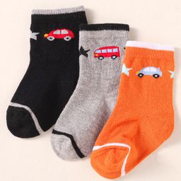 Cute Walk by Babyhug Knit Ankle Length Socks With Vehicle Design Pack of 3 - Black Grey & Orange-image-27