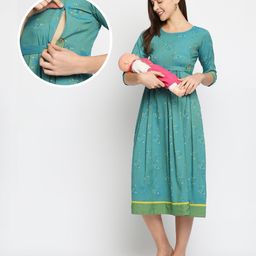Dummy Shape Three Fourth Sleeves Abstract Printed Flared Maternity Kurta With Concealed Zipper Nursing Access - Turquoise-image-25