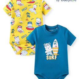 Babyoye 100% Cotton Knit With Eco Jiva Finish Half Sleeves Onesies with Bear Print Pack of 2 - Blue & Yellow-image-15