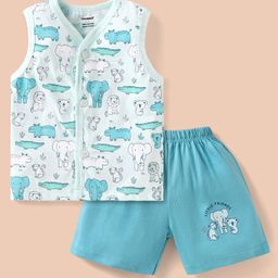 CUCUMBER Cotton Sinker Sleeveless Front Open T-Shirt & Shorts Set withAnimal Print - Light Blue-image-52