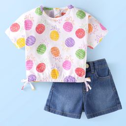 Babyhug Single Jersey Knit Half Sleeves Pineapple Printed Top & Solid Denim Shorts Set - White & Blue-picture-23