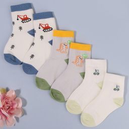 KIDLINGSS Pack Of 3 Cotton Dinosaur & Construction Vehicles Printed Anti Bacterial Socks - Multi Colour-picture-5